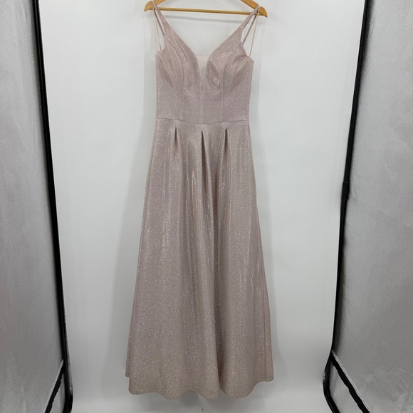 Crystal Doll Dresses & Skirts - Crystal Doll Champagne Gold Glitter Gown V-Neck Pleated Maxi Dress Pockets 13